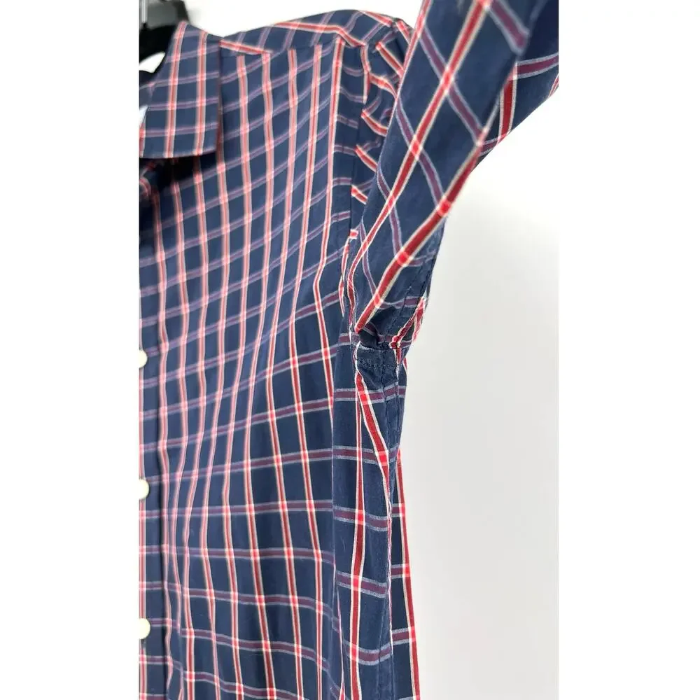 Banana Republic Luxe Poplin Shirt Men's Size M Grant Slim Fit Red Blue Plaid